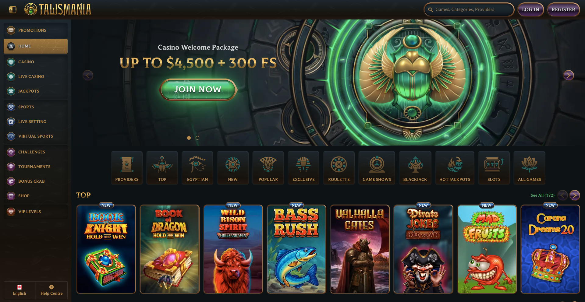 Talismania Home Page and Welcome offer Canada